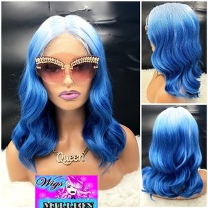 Mattie" Ombre Blue Synthetic Wavy Bob Wig, Lace Front Wig, 6 inch deep part, Glu